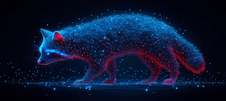 Neon Blue and Red Wireframe of a Raccoon Walking Abstract Low-Poly Design on Black Backgroundの素材