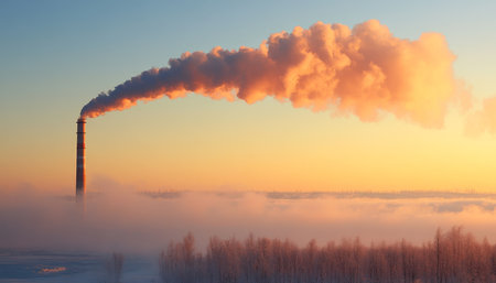 Industrial Power Plant Emitting CO2 Smoke into Atmosphere at Sunset, Air Pollution Conceptの素材