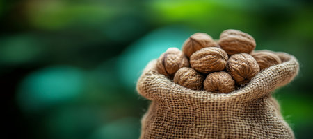 Close-up, Freshly Harvested Walnuts Spill From a Rustic Burlap Sack, Green Nature Backgroundの素材