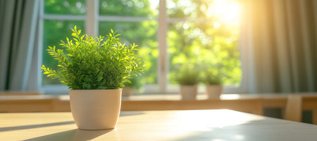 Green Plant on Table Bathed in Warm Sunlight Streaming Through a Window in a Peaceful Roomの素材