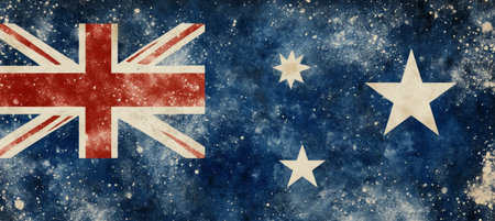 Grunge, Vintage Style of Australia Flag Over Blue Galaxy Background Design 85.10 Starsの素材