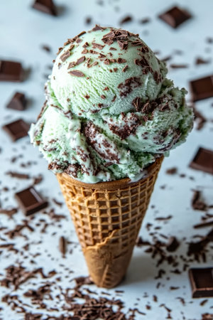Refreshing Mint Chocolate Chip Ice Cream Cone with Chocolate Shavings on White Backgroundの素材