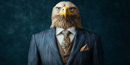 Serious Eagle Man In Suit, Portrait On Dark Background, Anthropomorphic Animal And Human Blendの素材