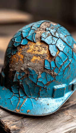 Heavily Damaged, Cracked Hard Hat Showing Workplace Accident Risk, Detailed Close-Up Viewの素材
