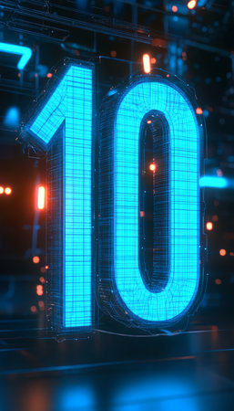 Glowing Futuristic Number 10 A Blue 3D Digital Rendering with Abstract Technological Backgroundの素材