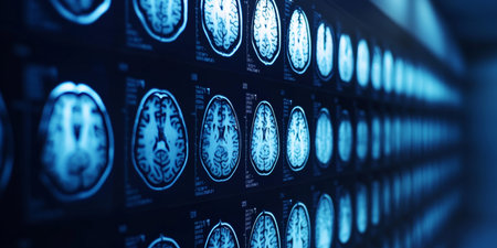 Neurology Research Background, Brain MRI Scans in Neon Blue Light for Medical Diagnosticsの素材