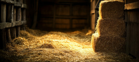 Golden Hay Bales Rest in a Rustic Barn, Illuminating the Interior with Warm Sunlight.の素材