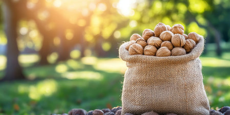 Fresh harvested walnuts in burlap sack on blurred nature countryside background, copy spaceの素材