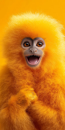 Surprised Golden Monkey with Open Mouth. Close Up Portrait of Shocked Monkey on Yellow Backgroundの素材