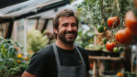 Smiling Gardener Stands In Greenhouse Surrounded By Ripe, Vining Tomaotes on the Vineの素材