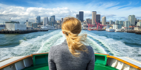 Woman Enjoys Scenic Ferry Ride, City Skyline Views, Windblown Hair, Urban Travel Adventureの素材
