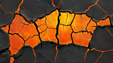 Molten Lava Cracks in Solidified Black Volcanic Rock, Vibrant Orange, High Contrast Textureの素材