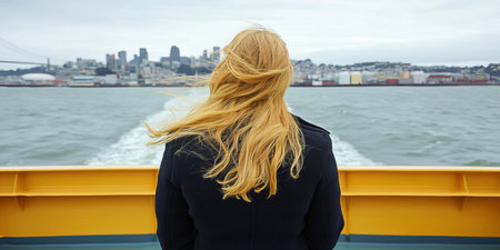 Woman, Ferry, Cityscape, Freedom, Blondie, Journey, Solitude, Contemplation, Travel Destination,の素材
