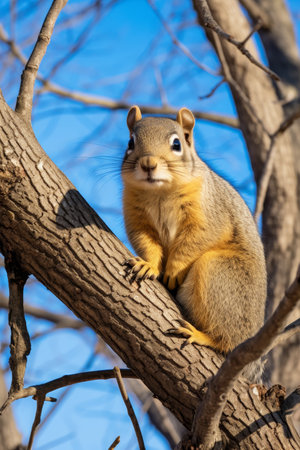Curious, fluffy squirrel perched upon a tree branch bathing in the warm winter sunlight.の素材