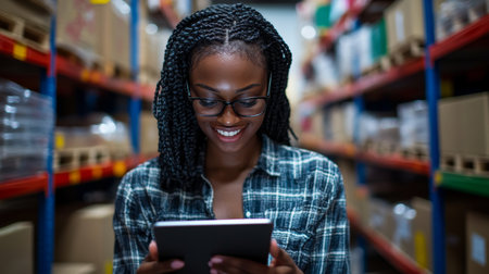 Warehouse Inventory Management Smiling Worker Uses Digital Tablet, Reflecting Job Satisfaction.の素材