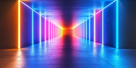 Futuristic Tunnel, Blue And Orange Neon Lights, Perspective, Vibrant Color, 3D Renderingの素材