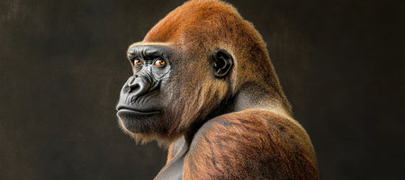 Thoughtful Gorilla Portrait Primate Contemplation on a Dark Background, Wildlife Photographyの素材