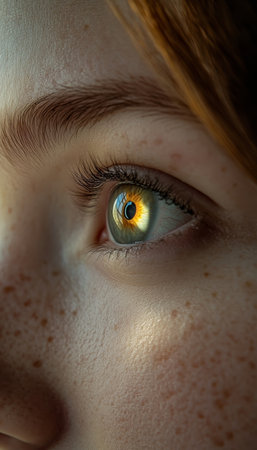 Golden Hour Gaze A Close-up Portrait of Natural Beauty, Freckles, and Expressive Eyes.の素材