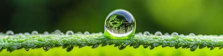 A Macro Water Droplet on a Vibrant Green Leaf, Reflecting the Beauty and Serenity of Natureの素材
