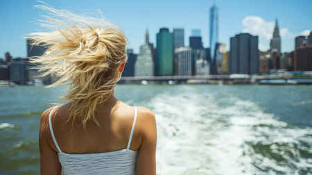 Windswept Hair, City Dreams Young Woman Enjoys Ferry Ride Embracing Freedom and Urban Adventure.の素材