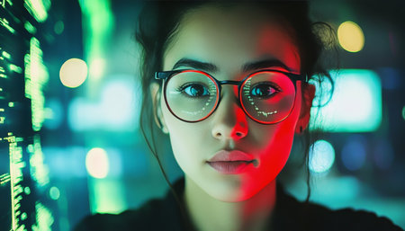 Young Woman In The Neon Lights Of Futuristic City With Abstract Technology Backgroundの素材