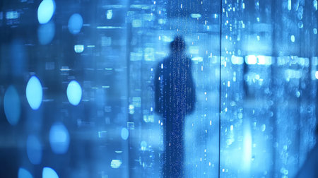 Silhouette Of A person In Corporate Modern Office Building Working Late With Internet Connectivity.の素材