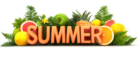 Summertime Freshness Colorful Fruit Composition With Tropical Greenery And Bold 3D Text On White.の素材