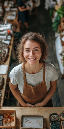 Portrait of a Smiling Jewelry Artist Surrounded by Her Handcrafted Creations Overhead Viewの素材