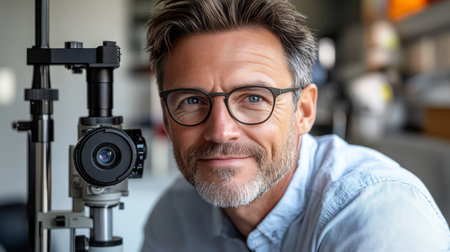 Mature Man with Glasses Smiles During Eye Exam Modern Clinic, Eye Health and Vision Careの素材