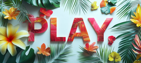 Playful Tropical Paradise Festive Word Art Surrounded by Exotic Flowers and Lush Palm Leaves.の素材