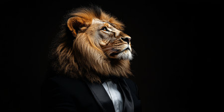 Majestic Lion in a Tuxedo A Striking Anthropomorphic Portrait Against a Black Backdropの素材