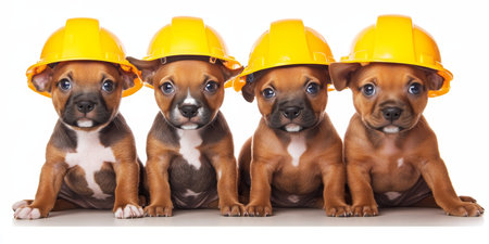 Four Adorable Puppies Sitting Side-By-Side Wearing Construction Hats. , Isolated On White.の素材