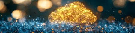 Golden Cloud Glowing Over Glimmering Data Streams Abstract Cloud Computing Banner Background.の素材