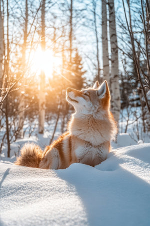 Golden Fox bathed in afternoon sunlight while lying on a snowdrift in a snowy forest.の素材
