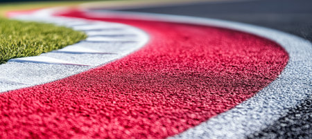 Close-Up of a Red and White Curving Line on an Asphalt Surface with Green Grass in the Backgroundの素材