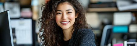 Portrait, Smiling Asian Woman, Long Dark Hair, Indoor, Modern Office Setting, Casual Clothingの素材