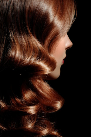 Woman with Long, Flowing, Shiny Wavy Hair in Rich Shades of Brown and Auburn on Black Backgroundの素材