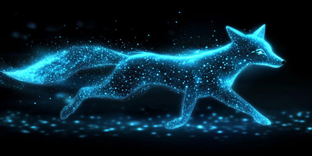 Blue Holographic Fox Futuristic Animal in Digital Space Blending Technology and Nature.の素材