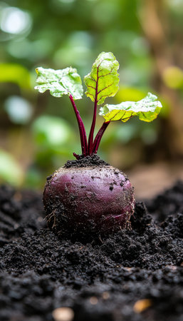 Young Beetroot Growing, Close Up View. Gardening, Vegetable Garden, Fresh Produce, Organic Farming.の素材