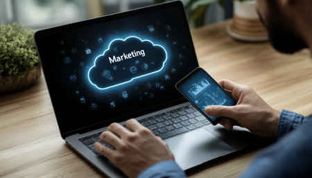 Businessman Analyzing Marketing Data, Cloud Computing Concept with Glowing Icon on Laptop Screenの素材