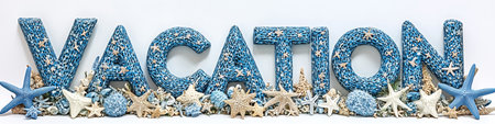 Word Vacation Laid Out with Blue Textured Letters, Seashells, and Beach Treasures on Whiteの素材