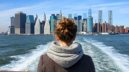 Woman on Ferry with NYC Skyline, Urban Adventure, Cityscape, Travel New York City, Hudson River Viewの素材