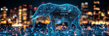 Blue Holographic Elephant Formed by Digital Circuitry in Futuristic Cityscape at Nightの素材