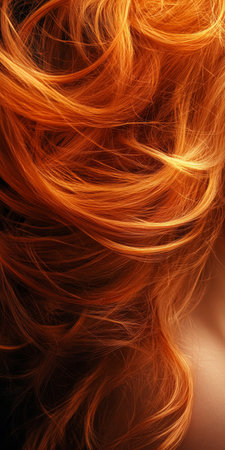 Cascading glory, rich brown auburn curls on long wavy hair shine against a black backdrop.の素材