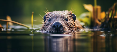 A North American Beaver Emerges From Water, Its Wet Fur Glistening in Natural Habitat.の素材
