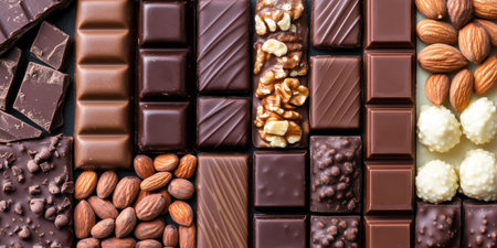 Flat Lay of Assorted Chocolate, with Nuts, and Pralines. Truffle Selection in Brown Tonesの素材