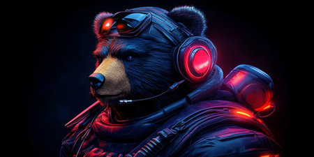 Cyberpunk Bear Portrait Futuristic Warrior Blending Nature and Technology in Profileの素材
