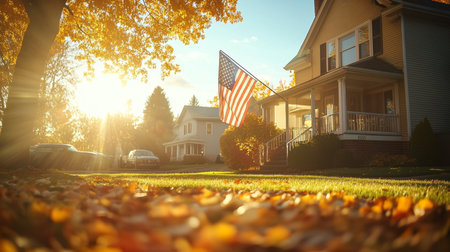 Vibrant Autumn Day American Flag on a Porch of a Classic Home, Bathed in Warm Sunlight.の素材