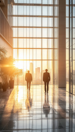 Two Businessmen walking toward a bright atrium with large panoramic windows at sunsetの素材
