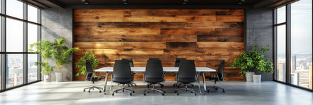 Modern, Spacious Office Meeting Room With Wooden Accent Wall, Large Windows, And Natural Lightの素材